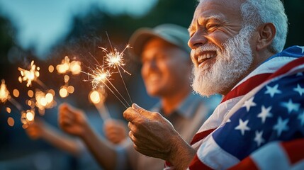 Smiling senior waves sparklers and celebrates fourth of july with friends, wrapped in an american flag.