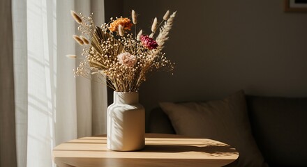 Dried flower bouquet in vase warm sunlight home decor. AI Generated