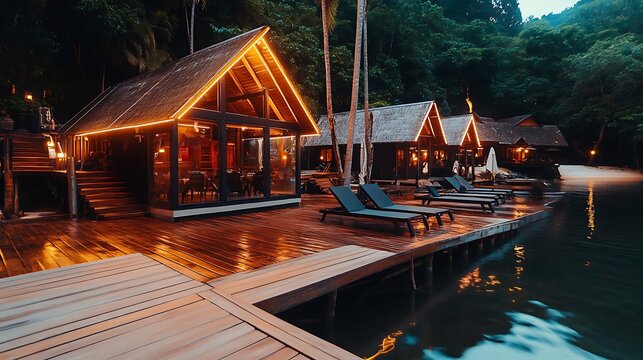 Luxurious Overwater Bungalows at Night Tropical Island Getaway Illuminated Cabanas