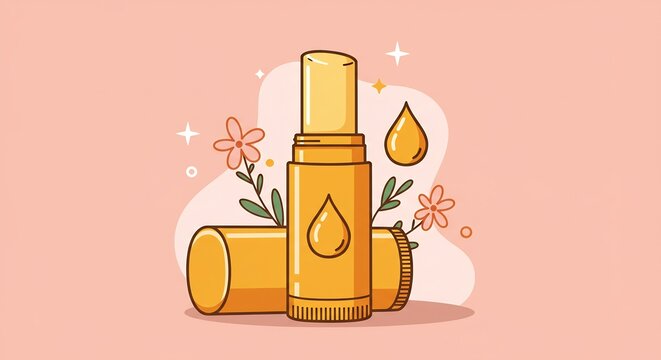 Golden lip balm illustration soft light pastel background. AI Generated
