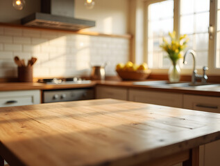 Beige Empty wooden table with the bright white interior of the kitchen as a blurred background behind the bokeh golden sunshin