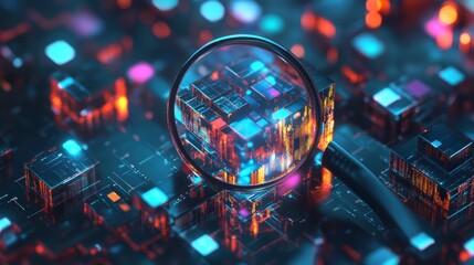 Magnifying glass over glowing cube on circuit board.