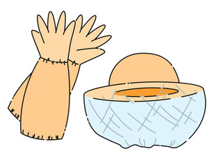 Cartoon illustration of protective suit for beekeeper, hat with net and gloves. Isolated on white