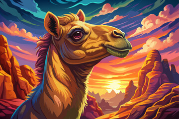 Camel portrait on an alien rock formation desert under a strange colored sky, animal banner