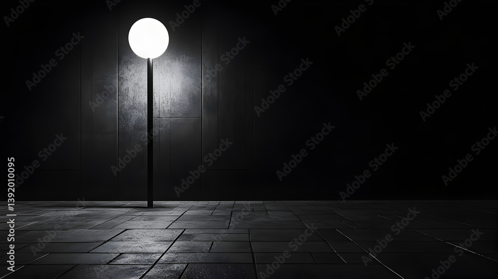 Poster minimalistic street lamp illuminating dark urban scene, creating a moody atmosphere, emphasizing con