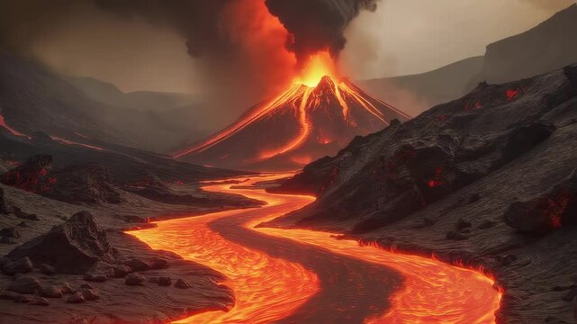 Erupting volcano with lava flowing away from mountain