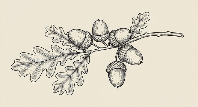 Ink-Drawn Acorn Branch: A Study in Botanical Detail AI Generated