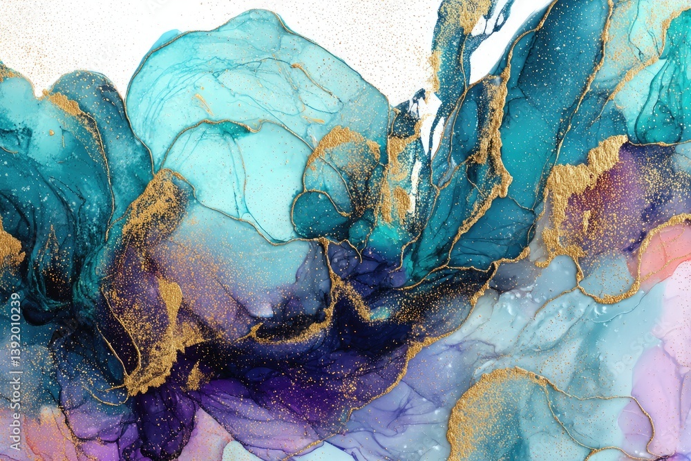 Poster abstract colorful painted design with golden accents and multiple flowing layers