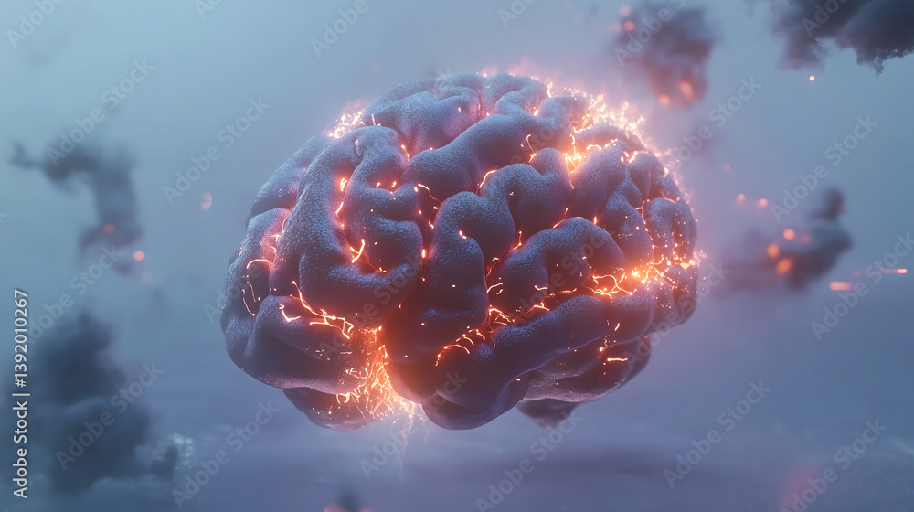 Poster a conceptual image of a brain glowing with energy surrounded by dark clouds, exploring the power of 