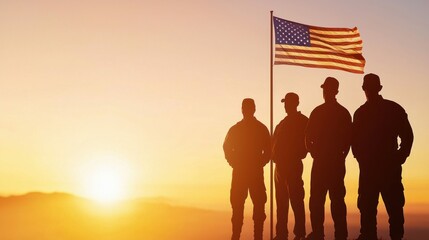 Silhouette of soldiers with an american flag at sunset, honoring their service to the nation.