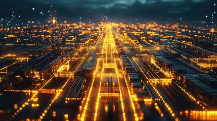 Aerial View of a Vibrant Cityscape Glowing with Orange and Yellow Lights During Twilight