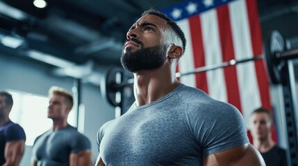 Obraz premium A muscular man in a gym focuses on his workout with an American flag in the background.