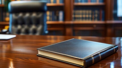 Fototapeta premium Elegant Leather-Bound Book on Wooden Table in Law Office Setting