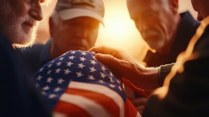 A group of veterans, holding the American flag with respect in a moment of remembrance.