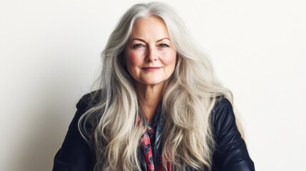 Fototapeta premium portrait of a confident silver haired woman radiating natural beauty and warmth with graceful smile against soft backdrop showcasing timeless elegance