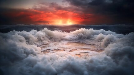 Fototapeta premium Dramatic Ocean Waves Crashing at Sunset Fiery Sky Powerful Nature Scene