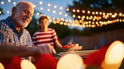 Obraz premium A grandfather and grandson enjoying an evening barbecue outdoors under the warm glow of string lights.