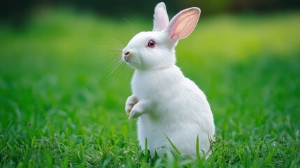 White rabbit standing in grassy field, adorable pet, outdoor scene, suitable for children's book, postcard, or website