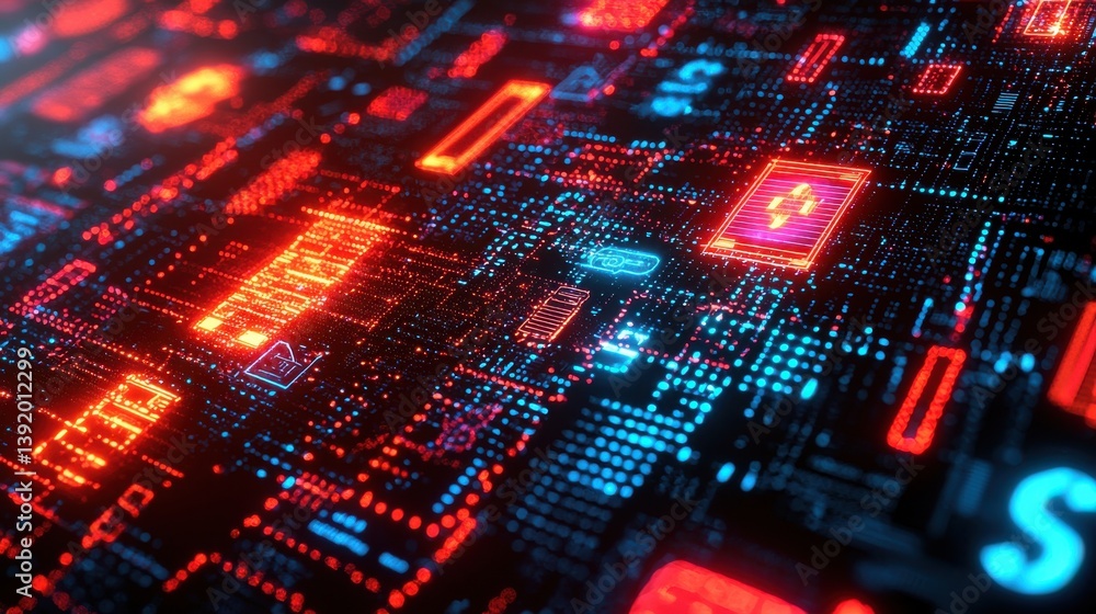 Poster abstract digital circuit board with glowing red and blue lights representing technology and data flo