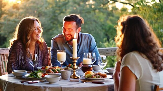 Friends enjoying dinner party in rustic garden restaurant with wine at outdoor table - Summer, people and lifestyle concept - Models by AI generative 