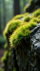 Macro of vibrant green moss on a forest rock, showing lush texture and natural softness in shaded light