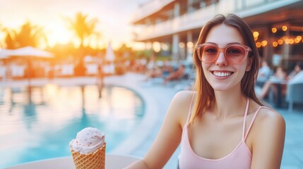 Smiling Young Woman Enjoying Ice Cream by the Pool at Sunset
