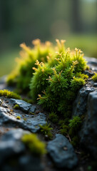 Macro of vibrant green moss on a forest rock, showing lush texture and natural softness in shaded light