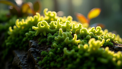 Macro of vibrant green moss on a forest rock, showing lush texture and natural softness in shaded light