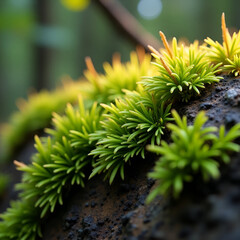 Macro photograph of moss texture on a shaded forest rock, vibrant green, soft and spongy texture, natural lighting, hyperreal detail, 8k resolution, shallow depth of field