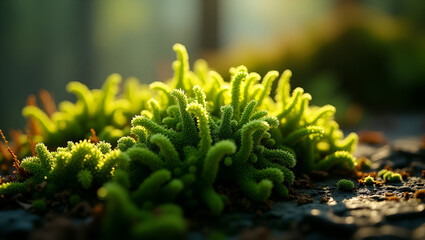 Macro of vibrant green moss on a forest rock, showing lush texture and natural softness in shaded light