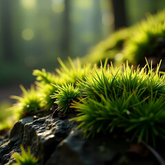 Macro photograph of moss texture on a shaded forest rock, vibrant green, soft and spongy texture, natural lighting, hyperreal detail, 8k resolution, shallow depth of field