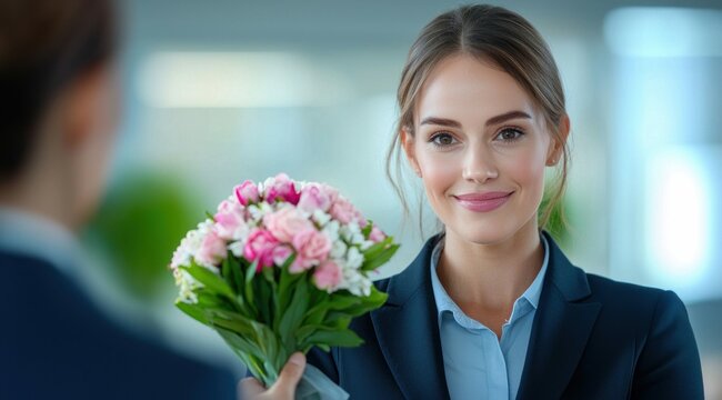 A businesswoman smiles as she receives a lovely bouquet of flowers in a bright office setting. - Powered by Adobe