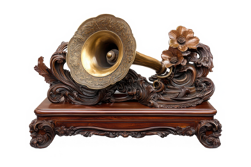 Vintage gramophone with golden brass horn and wooden base, isolated on white background