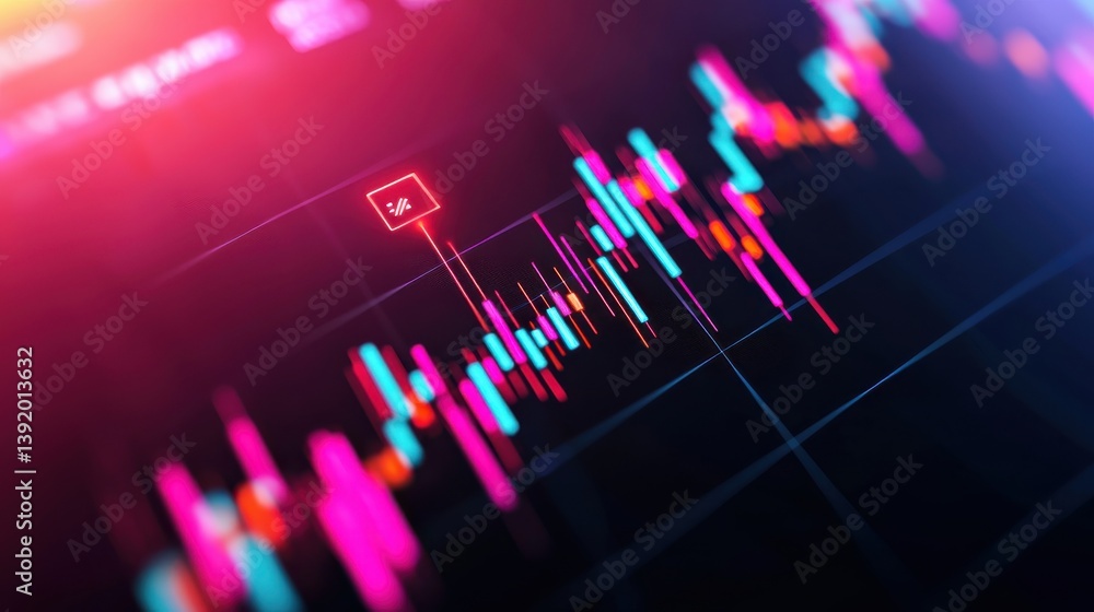 Poster close-up of vibrant financial market data visualization with colorful candlestick chart patterns