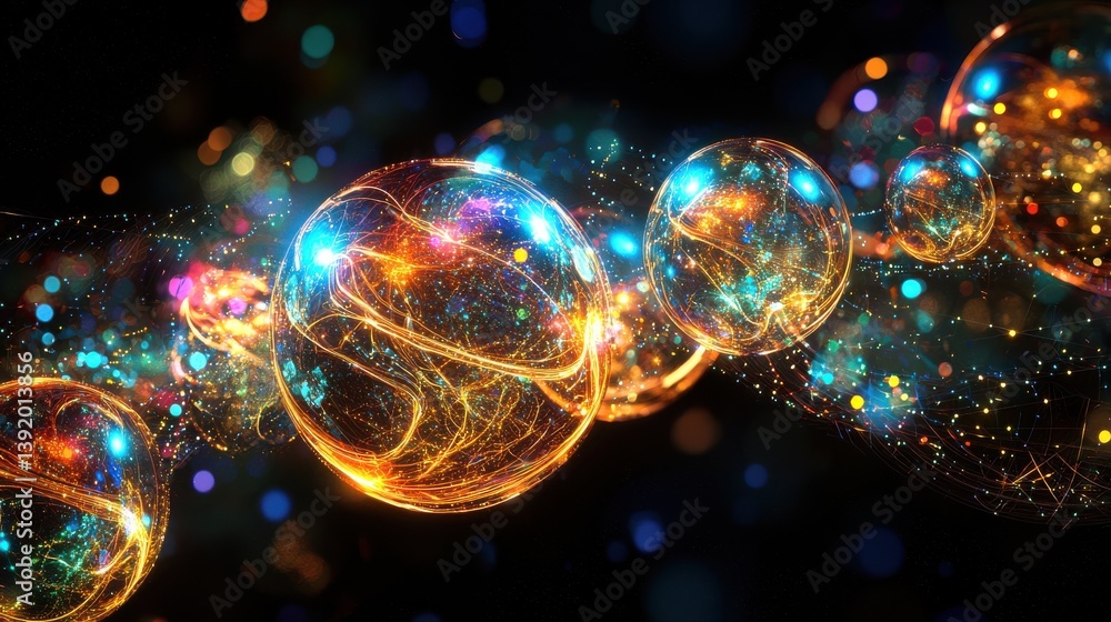 Poster colorful abstract representation of luminous bubbles in a cosmic background filled with sparkling st