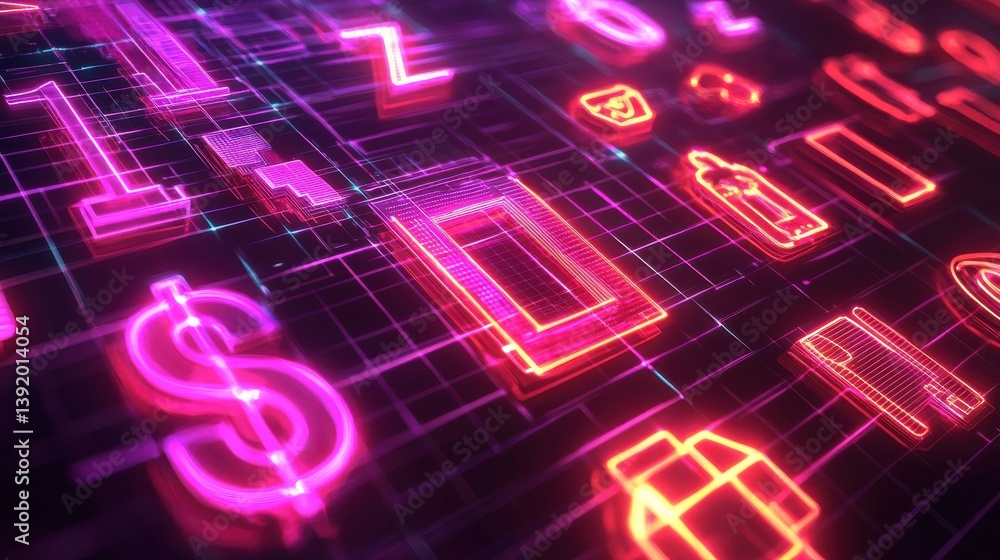 Poster colorful glowing digital icons and numbers against dark grid background representing technology and 