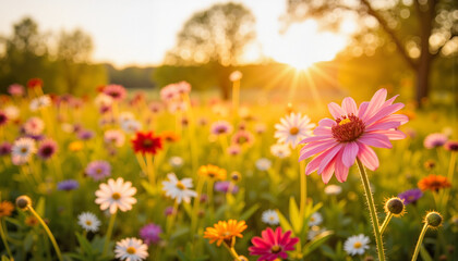 Fototapeta premium Vibrant flowers blooming in golden sunlight, nature’s beauty
