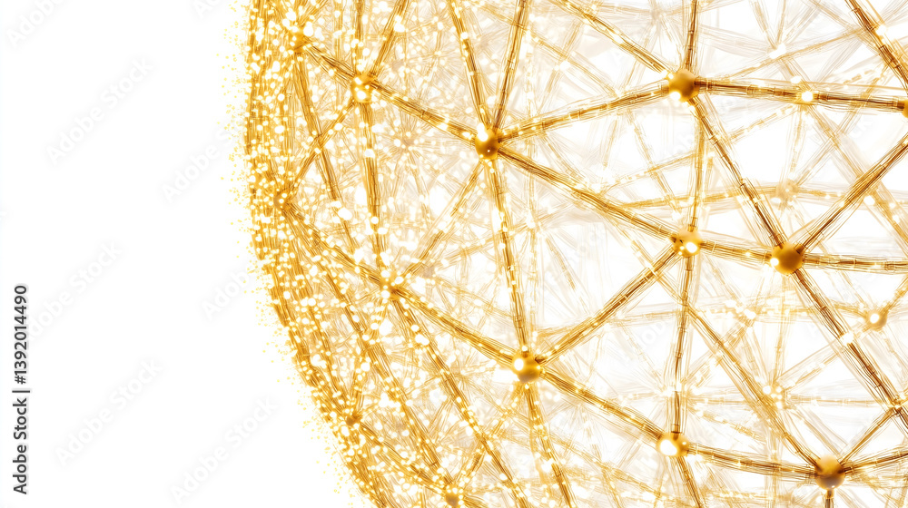 Poster abstract golden geometric shape with a network of lines and polygons, offering a futuristic, digital