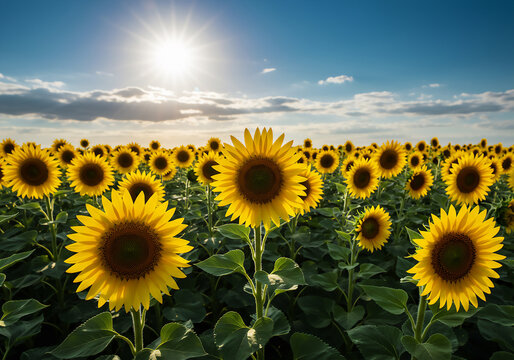 Stunning Sunflower Field Under Sunny Blue Sky with Sunlight, Yellow Flowers, Nature Scenery, Agriculture