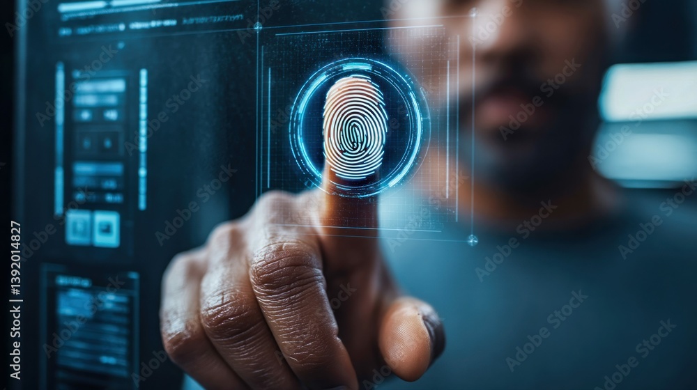 Poster a person uses fingerprint identification technology to access digital systems for security.