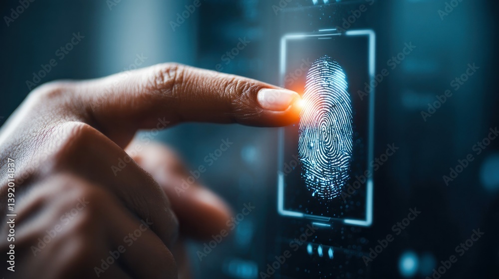 Poster a person's finger presses a fingerprint sensor on a digital touchscreen for verification.