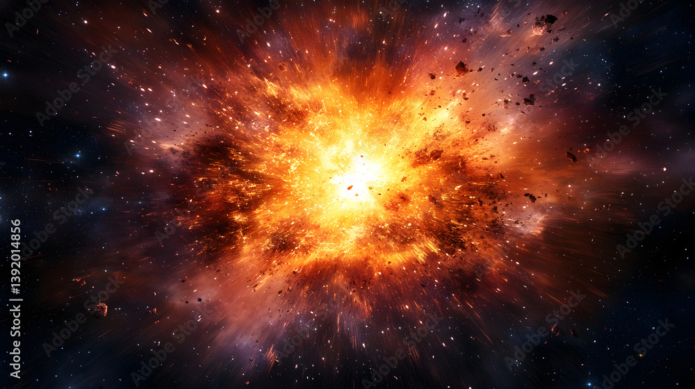Poster Stunning Abstract Explosion in Space with Bright Fire and Dynamic Energy Creating a Cosmic Scene of Stars and Dust in the Universe