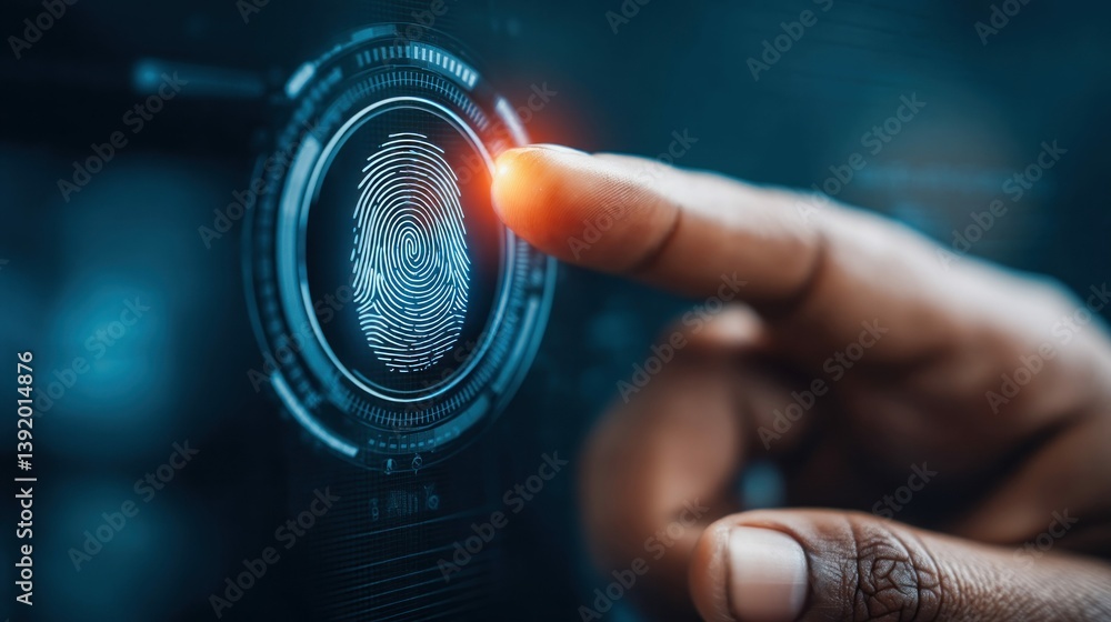 Poster a fingertip activating a fingerprint scanner, symbolizing secure digital access and authentication.