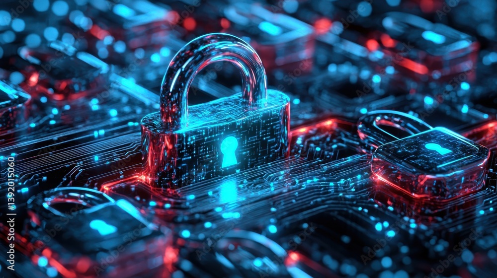 Poster futuristic digital security interface featuring glowing padlock amidst interconnected circuits in vi