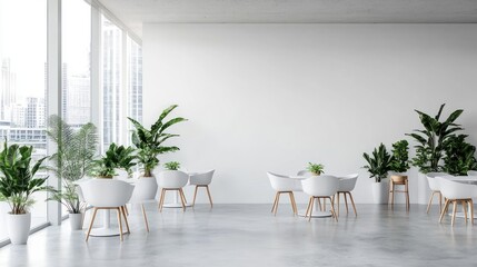 Modern cafe interior with city view. Empty tables and plants.  Possible use Stock photo