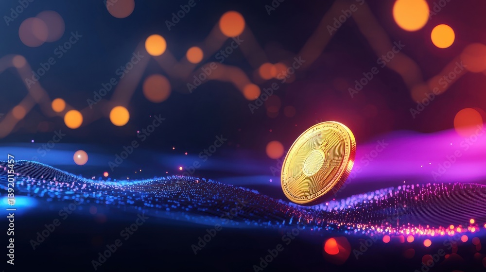 Poster golden coin rolling over vibrant digital waves with colorful lights in background symbolizing financ