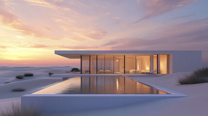 Modern desert resort house with smooth white walls and pool at sunset