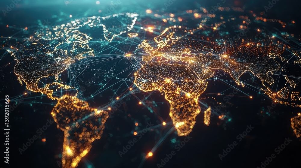 Poster illuminated world map aerial view highlighting global connectivity and technological networks