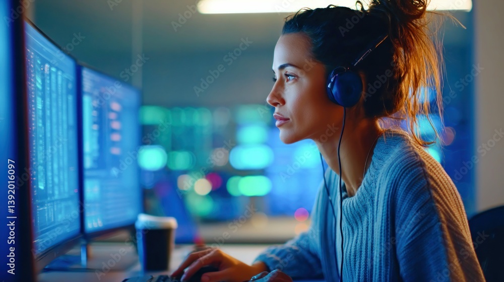 Poster a woman with headphones intensely focused while coding on a computer at her desk in a modern office.