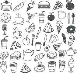 Hand Drawn Food and Drink Doodle Icon Set – Vector Illustrations of Fast Food, Snacks, Coffee, Tea, Desserts, Fruits, and Kitchen Elements for Menus, Blogs, Planners, and Creative Projects